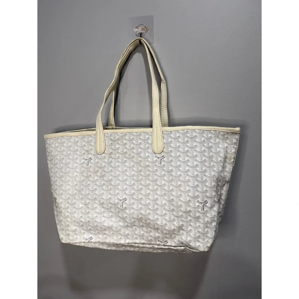 Goyard Saint Louis PM Tote Bag White Grey Goyardine Coated Canvas Leather Trim